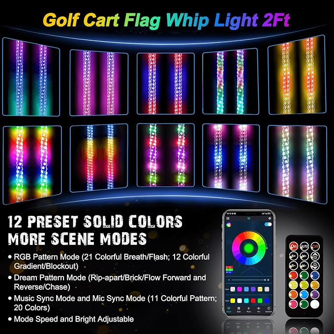 2 Pack 2FT Golf Cart Flag Pole Whip Lights, Only Fit 1.0" Square Rail, LED Light Bluetooth App & Remote Control, Lighted with Turn Reverse Brake Signal for 36V/48V/72V (Included DC Converter)