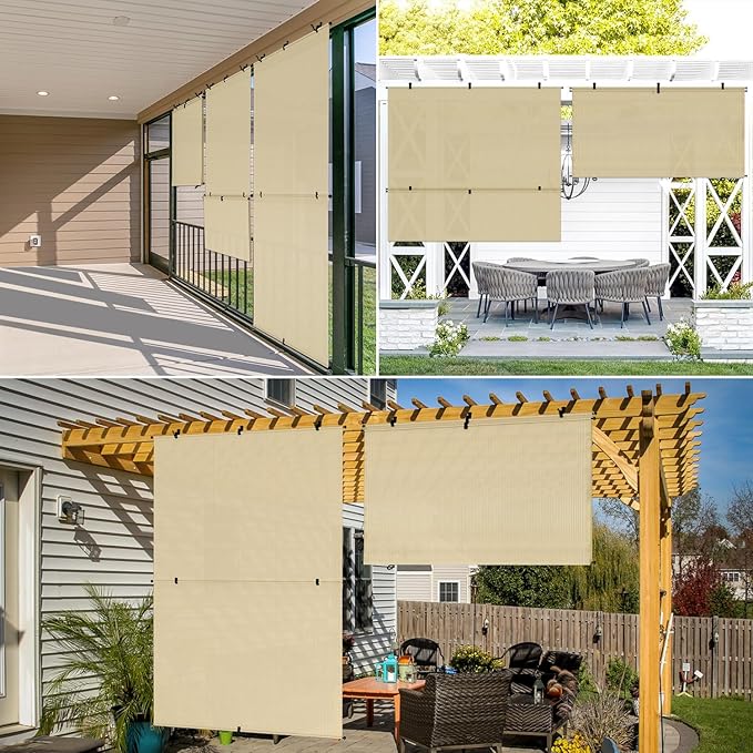 Coarbor Outdoor Roller Shades 5'W x 7.5'H Porch Sun Shades Outdoor Roll Up Blinds for Patio Porch Gazebo Balcony Backyard, Beige