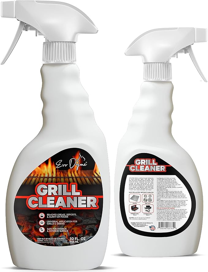 Evo Dyne Grill Cleaner Spray (32 oz), Made in USA - Quickly Cleans BBQ Burnt-on Foods and Grease from Grill Grates - Heavy Duty, Fast-Acting Formula, Less Scrubbing - Food Safe Grill & Oven Degreaser