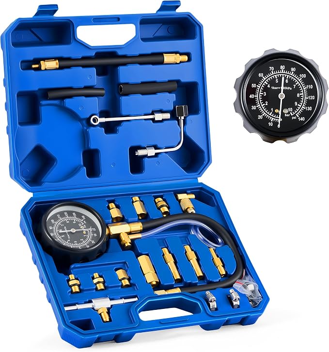 Orion Motor Tech Fuel Pressure Test Kit, Fuel Pressure Tester with 0-140 psi Injection Pressure Tester Gauge Hoses Adapters, Fuel Pressure Gauge Kit Gasoline Car Truck Motorcycle Diagnostic Tool