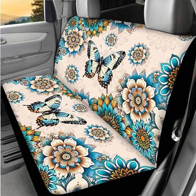 BIGCARJOB Boho Lotus Print Car seat Covers Set 12 Pack Cute Butterfly Print Car Interior Accessories Universal Center Console Armrest Pads,Coaster,Universal Steering Wheel Covers,Seat Belt Cover