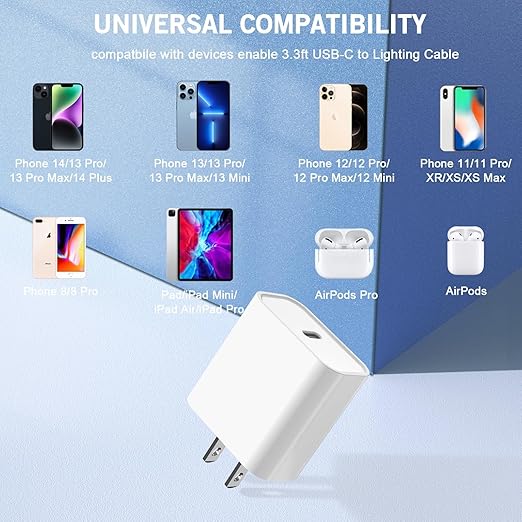 iPhone Fast Charger, 20W[Apple MFi Certified] USB Type C Fast Charging Block Power Delivery Lightning Charger with 3.3ft Lightning Cable for iPhone 13 Pro Max Mini 12 Pro 11 XS X XR