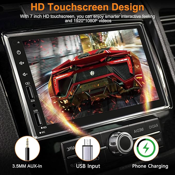 Double Din Car Stereo with Wireless Apple CarPlay & Android Auto, 7inch Touchscreen Car Audio Receiver, Wireless Car Radio with Bluetooth, Backup Camera/Mirrorlink/FM/SWC/Subwoofer/2 USB/AUX Input