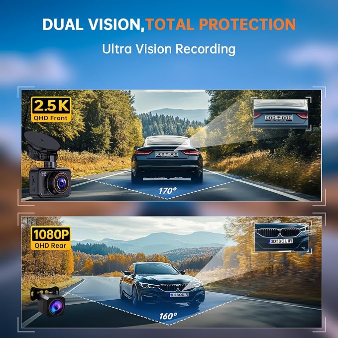 E-YEEGER Dash Cam Front and Rear, 2.5K Dual Dash Camera for Cars, 2560P Mini Car Camera, 2 inch IPS Screen, WDR Night Vision, 24 Hours Parking Monitor, G-Sensor (32G SD Card Included)