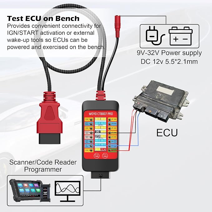 WOYO CTB007 PRO 12V/24V OBD2 Breakout Box with LCD Display 16PIN Vrms, CAN Tester Box with Built-in 120Ω for ECU Testing Tool on Bench, CAN Tester Box, 27.5inch/59inch Extension Cable (27.5inch/70cm)