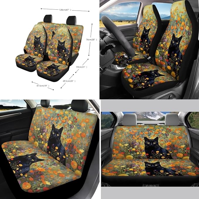 Suobstales Cat Flower Print Seat Cover for Car Full Set 11-Pcs, Car Accessories Steering Wheel Cover + Seat Belt Covers Pads + Coasters + Keychains for Women Interior Accessories Decoration