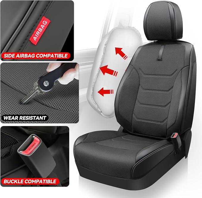 Auto Dynasty Car Seat Covers Front Set, Anti-Slip Automotive Interior Covers with Storage Pocket, Breathable Car Seat Protectors, Airbag Compatible, Universal Fit Most Vehicles, Black (Sport Series)