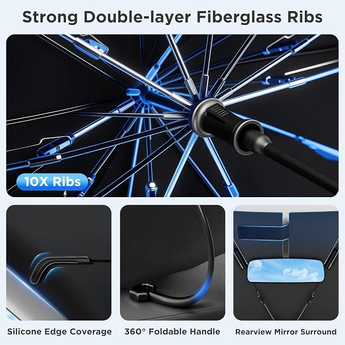 2026 for Tesla Model Y Model 3 Windshield Sun Shade Umbrella [7-Layer Vinyl Coating Heat Shield] Foldable Front Window Sunshade Umbrella Protect Interior from UV Keep Car Cooler(56" x 35")