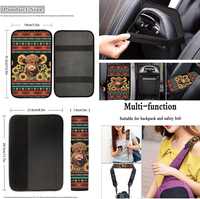 Dreaweet Car Seat Covers Full Set with Steering Wheel Cover/Armrest Cover/Seatbelt Covers/Cup Coasters/Gear Shift Cover/Handbrake Cover,12 Pcs Aztec Highland Cow Sunflower Car Accessories Deocr