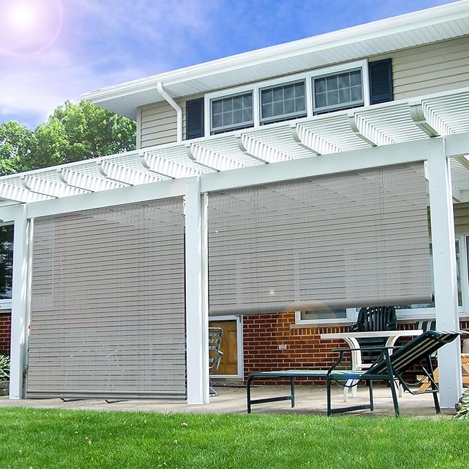 E&K Sunrise 7'W x 13.5H Roll Up Shade Outdoor Hollow Out Roller Blind Sun Shade for Patio Porch Backyard Gazebo Deck Pergola (Light Gray)
