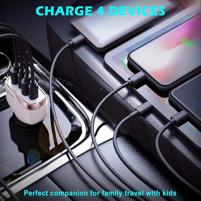 SUNDA 60W USB C Fast Car Charger, 4-Ports Car Charger Adapter, Dual Type C PD30W/PPS30W Compatible with iPhone17/16/15 Pro/Max/iPhone14/iPad Pro/Galaxy/SamsungS25, Dual USB-A 18W QC3.0 for Android