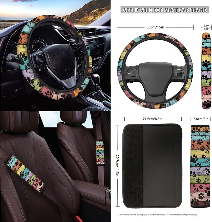 Paws Wood Print Car Accessories Set of 15 Car Front Back Seat Covers Steering Wheel Cover Seatbelt Strap Pad Air Vent Storage Holder Trash Cans Rearview Mirror Cover Coasters Keychain