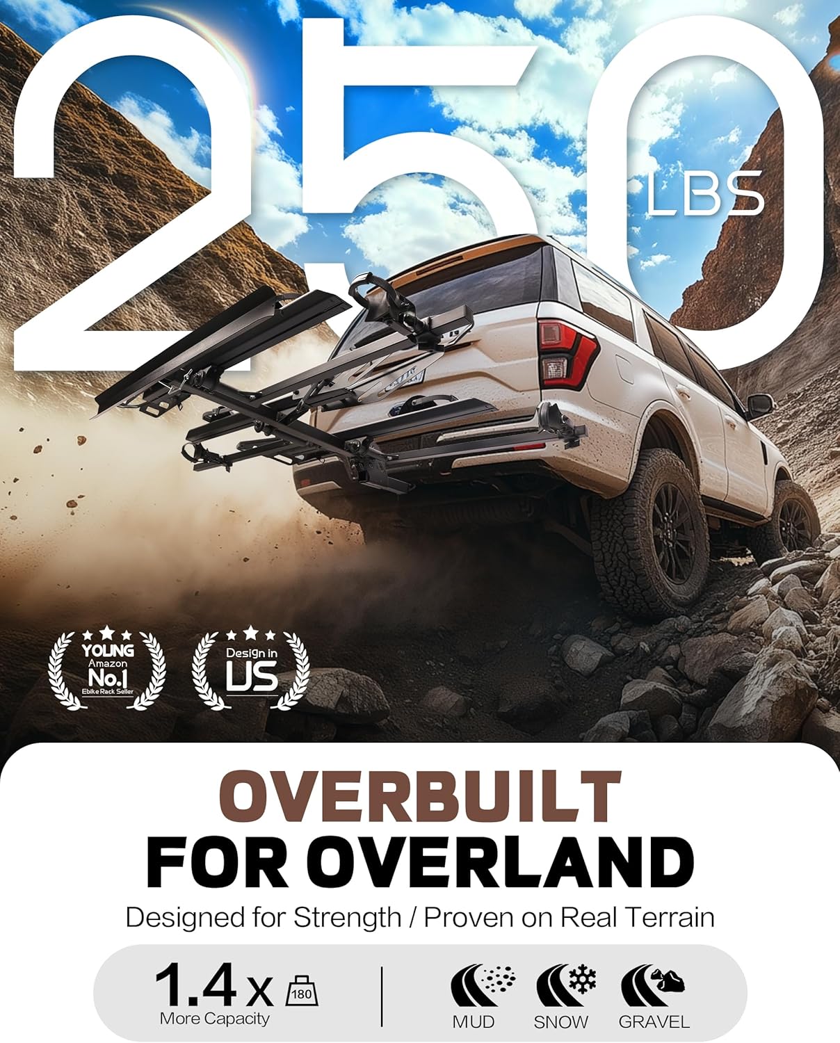 Young 250LBS. Capacity Foldable Aluminum 3-Ebike Rack with Ramp for Car SUV RV Truck Trailer and Van, Fits up to 5" Fat Tire Width and 50" Wheelbase, Ebike Carrier Rack for 2" Receiver