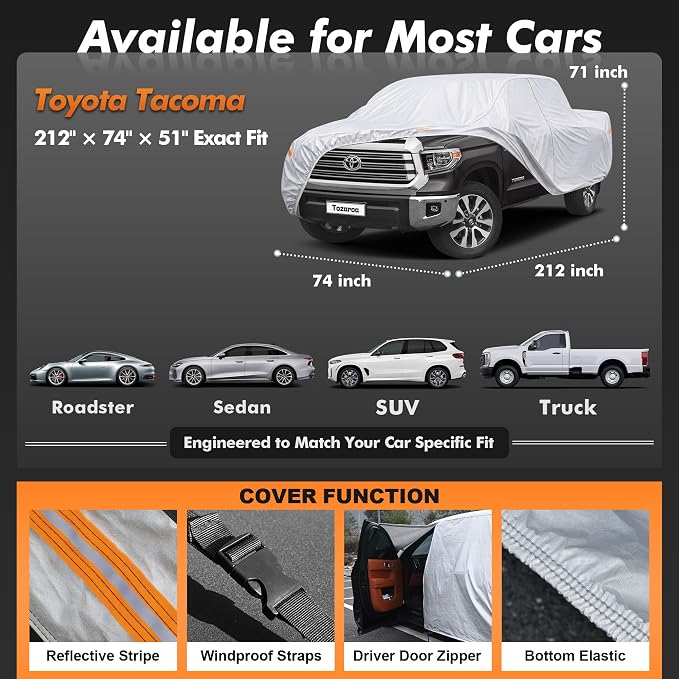 Car Cover Waterproof All-Weather,Heavy-Duty Outdoor Full Exterior Automobiles Truck(Length 211-228 inch) with Windshield Sun Shade Universal Fit Tacoma, Tundra, Titan, F-150, RAM 1500 etc