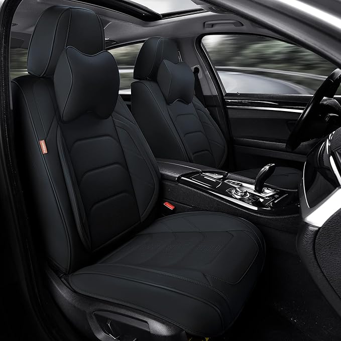 TIEHESYT Black Car Seat Covers Front Pair, Breathable Leather Automotive Front Seat Covers & Headrest for Comfortable Driving, Universal Auto Interior Fit for Most Kinds of Vehicles, SUV, Sedans