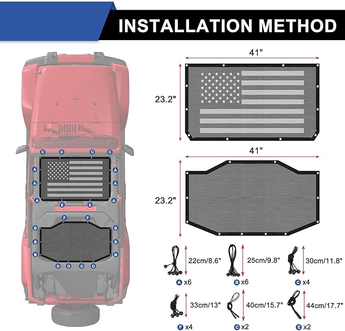 Sunshade for Jeep Wrangler JL JLU 4 Door 2018-2023 Mesh Top Cover Sunroof Screen Bikini Soft Shade with UV Blocker, American Flag, Front & Rear (2 Pcs)