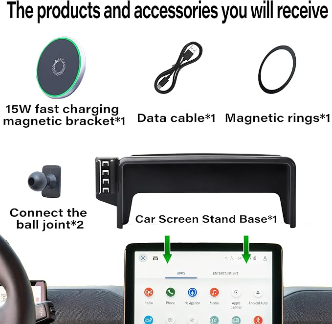 Car Phone Holder for 2021-2025 2026 Ford Mustang Mach-E Accessories Apply to 15.5 Inch Touch Screen 15W Fast Wireless Charger Screen Fixed Clip Cell Phone Mount Hands-Free 360° Rotation