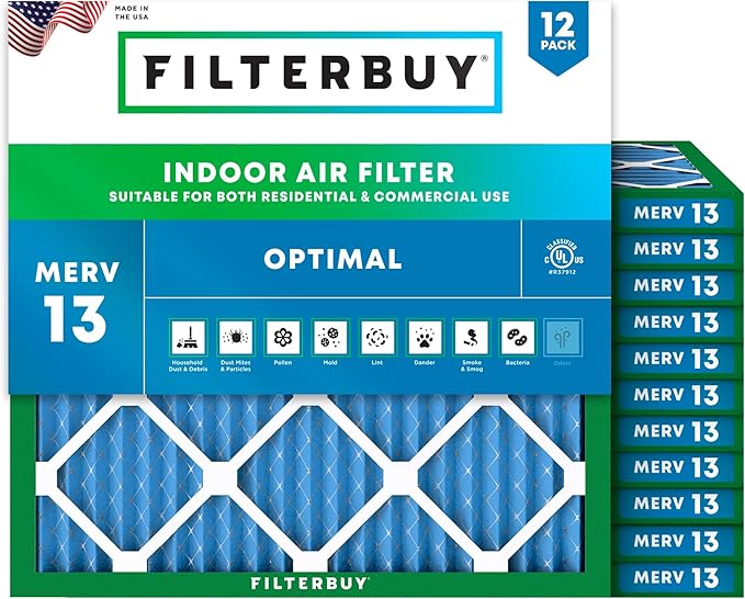 Filterbuy 25x25x1 Air Filter MERV 13 Optimal Smoke & Allergy Defense (12-Pack), Electrostatic Pleated HVAC AC Furnace Filters Replacement (Actual Size: 24.50 x 24.50 x 0.75)