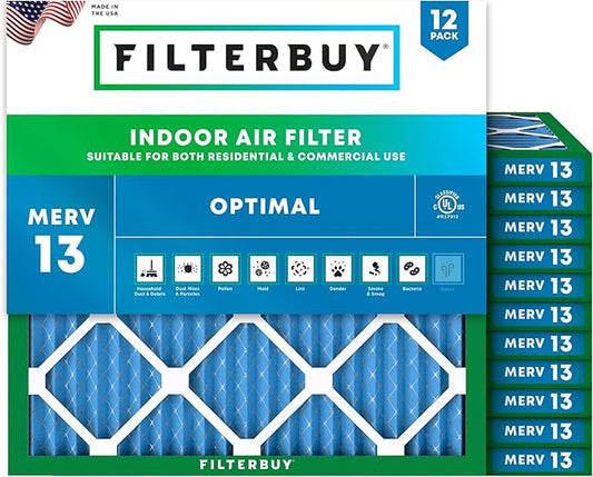 Filterbuy 15x15x1 Air Filter MERV 13 Optimal Smoke & Allergy Defense (12-Pack), Electrostatic Pleated HVAC AC Furnace Filters Replacement (Actual Size: 15.00 x 15.00 x 0.75)