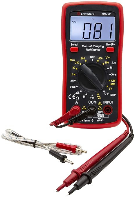 Triplett MM300 True RMS 2000 Count Manual Ranging Digital Multimeter - AC/DC Voltage, AC/DC Current, Resistance, Temperature, Diode, Continuity