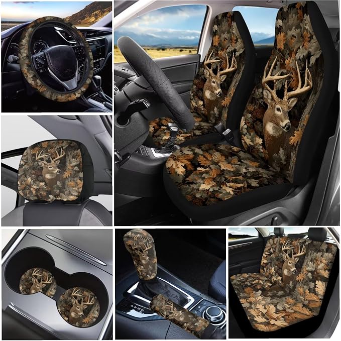 KEIAHUAN Deer Camo Hunting Car Seat Covers Full Set Front Rear Seat Covers Handbrake and Gear Shift Knob Cover,Headrest Covers,Steering Wheel Cover,Head Rest Cover,Coasters 11 PCS