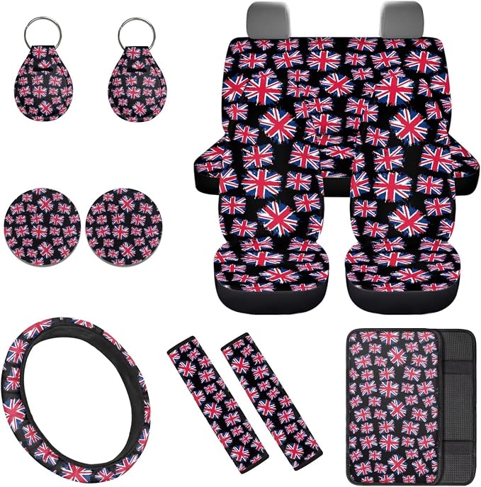 Union Jack 12 Pcs Car Seat Covers with Steering Wheel Cover,Seat Belt Covers Cup Holder with Keychain Automotive Protector Set Unverisal Fit Cars SUV