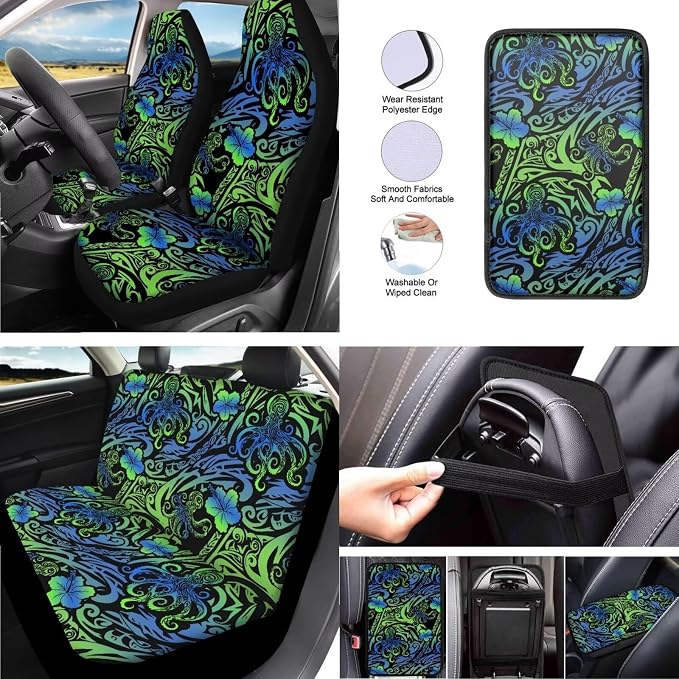 13 Pack Tribal Octopus Hibiscus Car Seat Covers, Ethnic Octopuses Car Accessories for Front Rear Seat Cover, Island Hibiscus Spiral Gradient Vehicle Headrest Cover