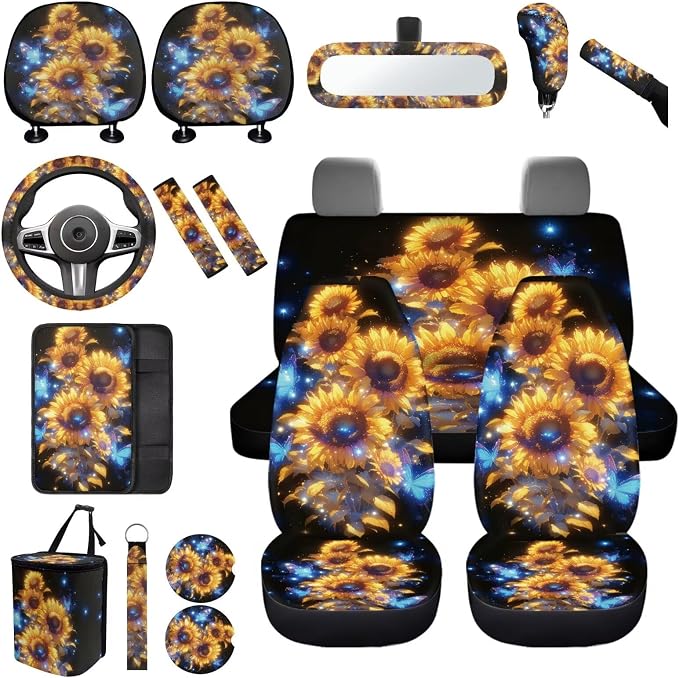 Sunflowers Car Seat Covers Full Set for Women,17 Pack Neon Sunflowers Car Aaccessories with Butterfly Vehicle Trash Bag Headrest Covers Steering Wheel Cover,Universal Fit Most Car