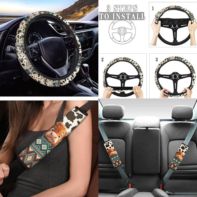 Tupalatus Boho Cow Print 9 Pcs Car Seat Covers Front Set Fashion Steering Wheel Protector Seat Belt Pads Cover Shift Cover Hand Brake Cover Cup Coasters Fit for Most Car SUV