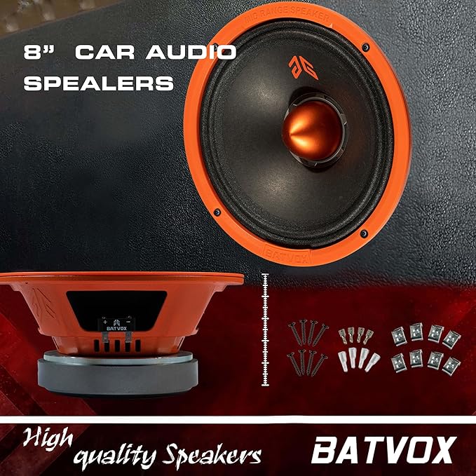 MX80E2 Midrange Loudspeaker 8" Orange Bullet, 640W Max, 4 Ohms, Premium Quality Audio Door Speakers for Car or Truck Stereo Sound System, Orange (2 Speaker)