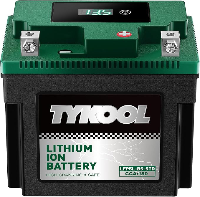 TYKOOL LFP5L-BS-STD 12V Lithium Battery, Replaces YTX5L-BS 150CCA, Fits for Motorcycle ATV Scooter, Compatible with Kawasaki KFX50 Suzuki LT-Z50 Polaris Outlaw 50, Digital Readout, Polarity [- +]
