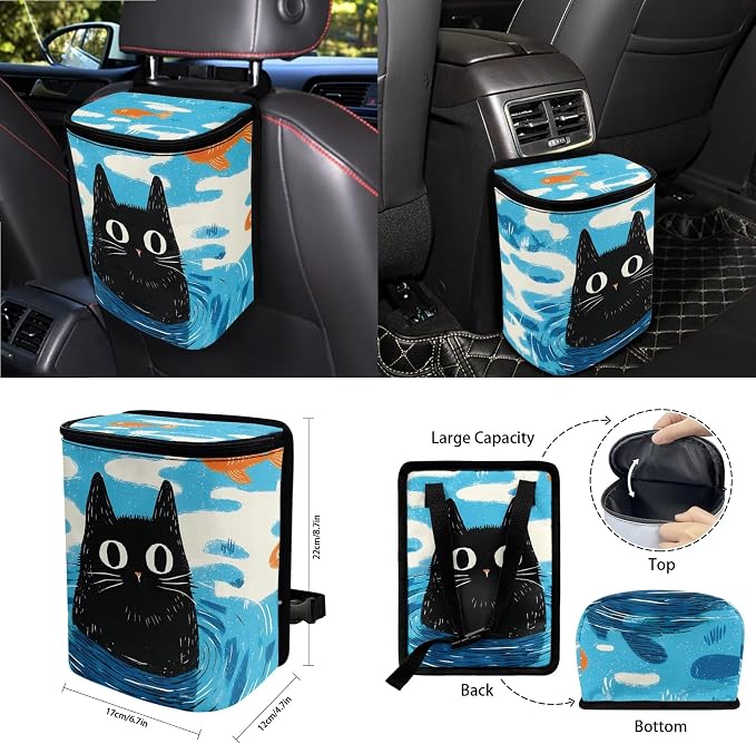 Cartoon Cat Print Car Front Back Seat Covers Set of 15 Steering Wheel Covers Trash Cans Air Vent Storage Bag Seatbelt Strap Cover Rear View Mirror Covers Cup Coasters Keychain
