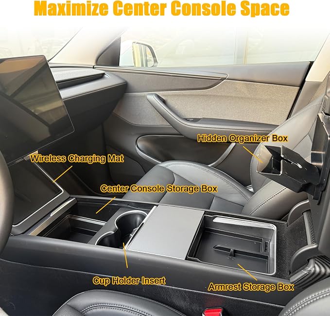 ROCCS 5PCS Center Console Organizer Set Compatible with Model 3 Highland 2024-2025 & Model Y Juniper 2025-2026, ABS Hidden Storage Box with Cup Holder Mat & Wireless Charging Pad Liner, Black