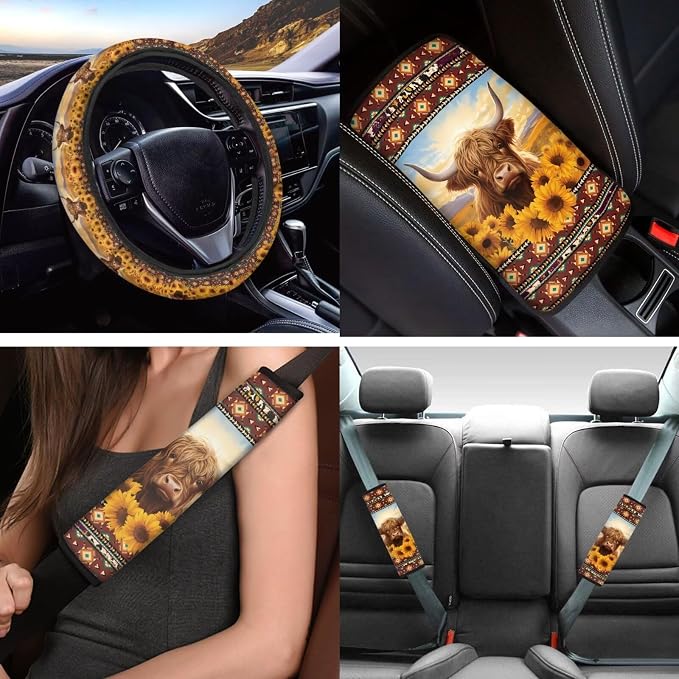 Highland Cow Sunflowers Car Seat Covers 12Pcs Highland Cow Auto Seat Protection Accessories Full Set with 15Inch Steering Wheel Covers Seatbelt Pad Keychain Coaster Armrest Pads