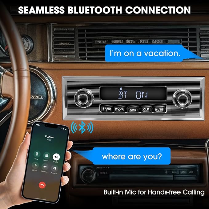 Single Din Classic Car Stereo: Vintage Retro Style Radio for Truck - Bluetooth LCD Display AM FM Receiver USB AUX-in Pre-amp Subwoofer Output