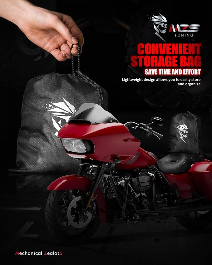 MZS Motorcycle Cover Waterproof Outdoor, Heavy Duty All Season Weather Sun Protection with Storage Bag Vents Night Reflective Cotton Lining Lock Holes fits up to 104" Motorcycles Vehicle Covers