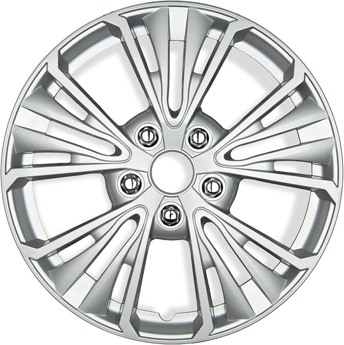 BDK 16 Inch Hubcaps Set of 4 – OEM Replacement Snap-On Wheel Rim Covers - Universal Fit Car Wheel Cover for Cars, Trucks, SUV, Vans Durable ABS 5-Spoke Silver Hub-Cap Car Accessories Exterior