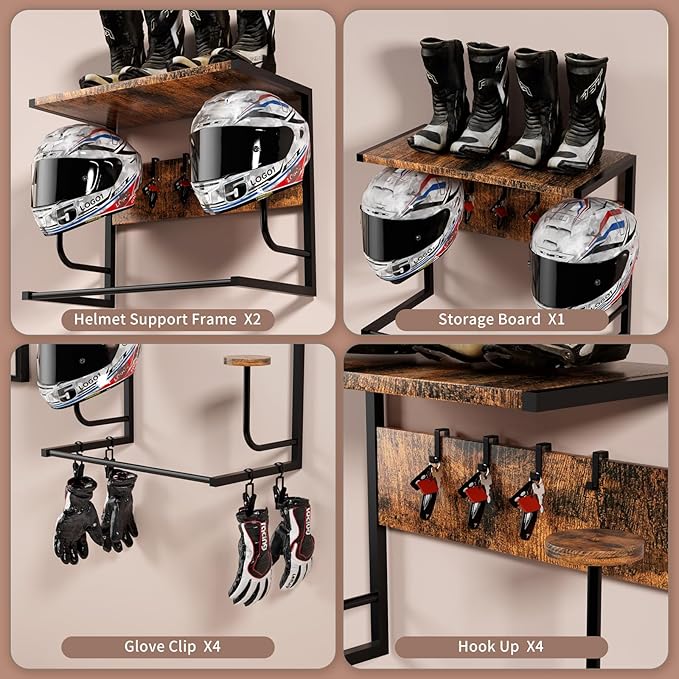 Motorcycle Helmet Holder Wall Mounted, Helmet Rack Wall Mount with Helmet Rack, 4 Glove Chips and 4 hooks, Rustic Helmets Holder and Motorcycle Helmets Racks for Most of Helmet and Clothes
