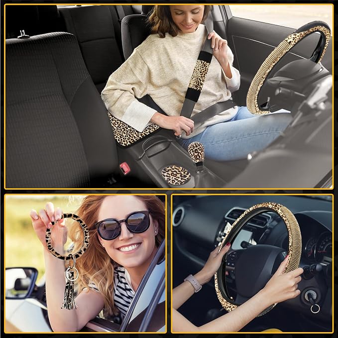 Tallew 10 Pieces Leopard Print Car Accessories Set Diamond Cheetah Leopard Steering Wheel Cover Seat Belt Licence Frame Armrest Pad Cover Cup Holder Keyring Bracelet for SUV Car Truck