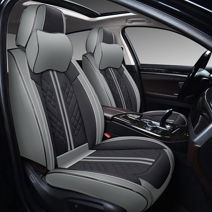 GXT Deluxe Faux Leather Full Coverage Car Seat Cover Anti-Slip Universal Fits for Sedans SUV Pick-up Truck with Headrests,Interior Accessories(Grey and Black)