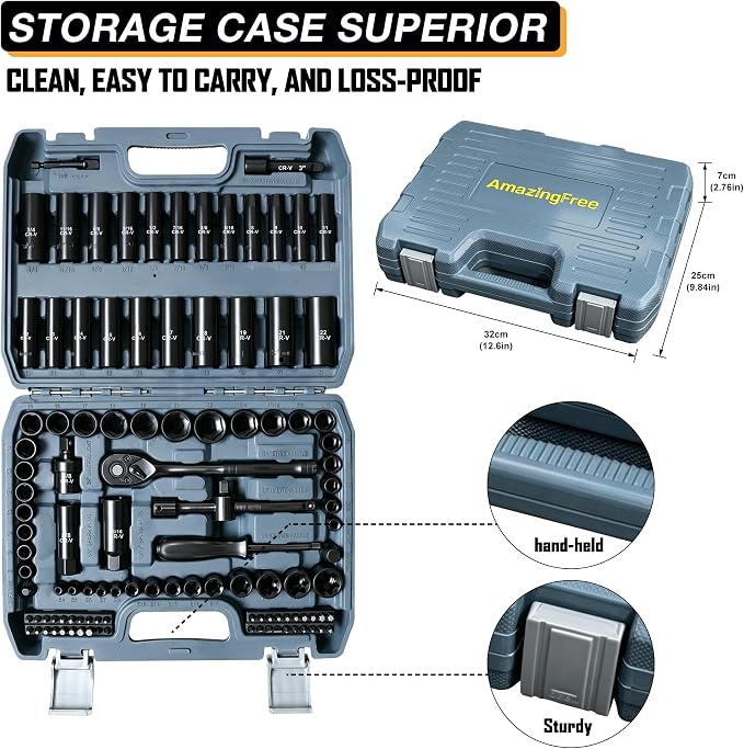 3/8" Drive Impact Socket Set, 110-Piece Metric and SAE CR-V Sockets with Ratchet Handle, Extension Bars, and Carrying Case