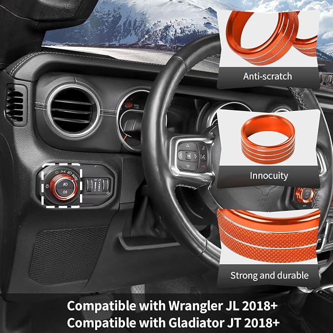 Cherocar Aluminum Alloy Air Conditioner & Headlight Console Switch Knob Covers for 2018-2026 Jeep Wrangler JL JLU 4XE Gladiator JT Interior Trim,4-Piece Set
