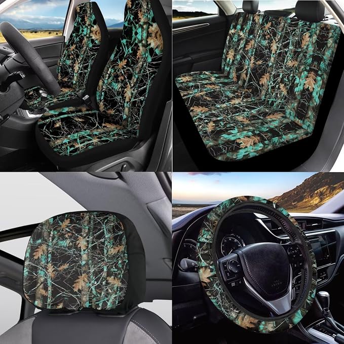 KEIAHUAN 11 Pcs Universal Car Seat Covers Camo Hunting Design with Steering Wheel Cover, Gear Shift Handbrake Cover, Cup Holder, and Headrest Cover Fit Most Van Sedan Truck SUV, Green