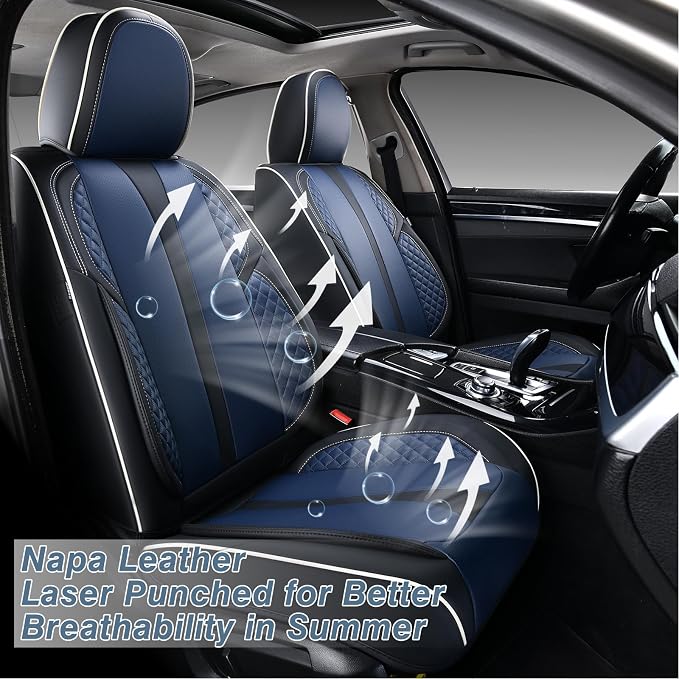 2-Seater Car Seat Covers Full Set Waterproof and Breathable Nappa Leather, Fit for Front Seats of Cars, Compatible with Airbags, Car Seat Protector Covers for Most Cars - Black Blue