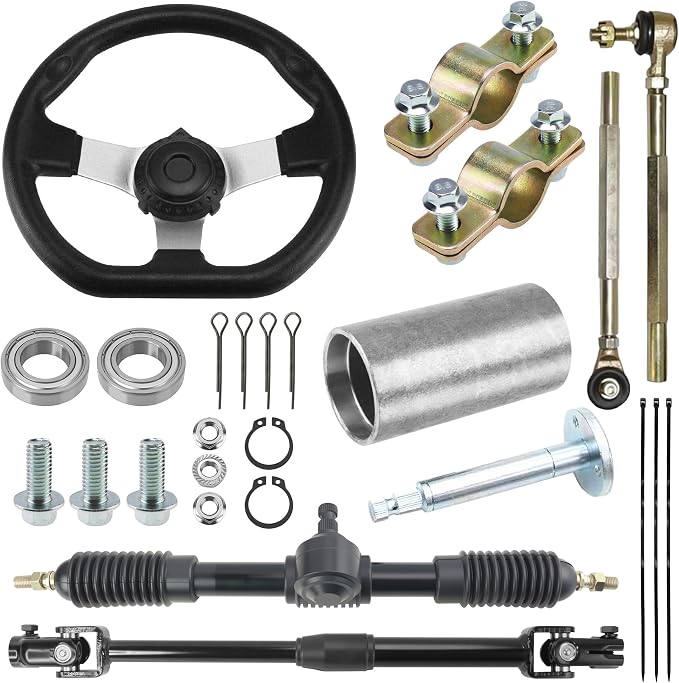 270mm/10.6'' Front Steering Wheel 450mm/17.7'' Rack Pinion Adjustable Shaft Tie Rod Ends Assembly with 22mm/0.87'' Handlebar Mounting Clamps for DIY 110cc 125cc 150cc Go-Karts UTVs Off-road