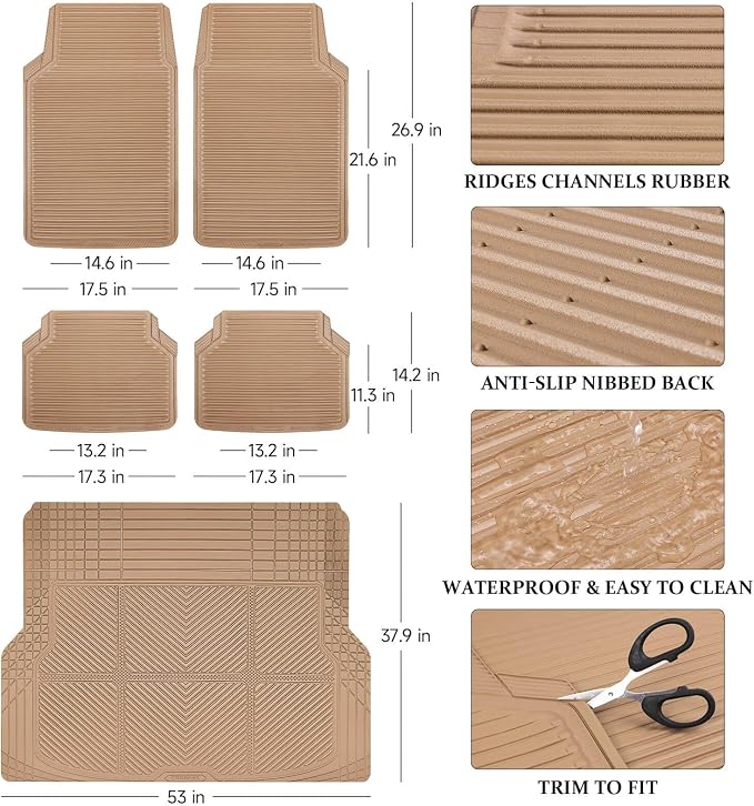CAR PASS Tan Rubber Car Floor Mats & Cargo Liners, All Weather Car Mats & Trunk Mats,Waterproof Automotive Floor Mats Trim to Fit for Most Cars Sedans SUVs Vans, Durable Heavy Duty Anti-Slip,Beige