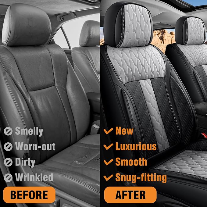 Car Seat Covers Full Set, Nappa Leather Waterproof Car Seat Protector, Airbag Compatible Universal Automotive Cushions Fit for Most Sedans, SUVs & Trucks