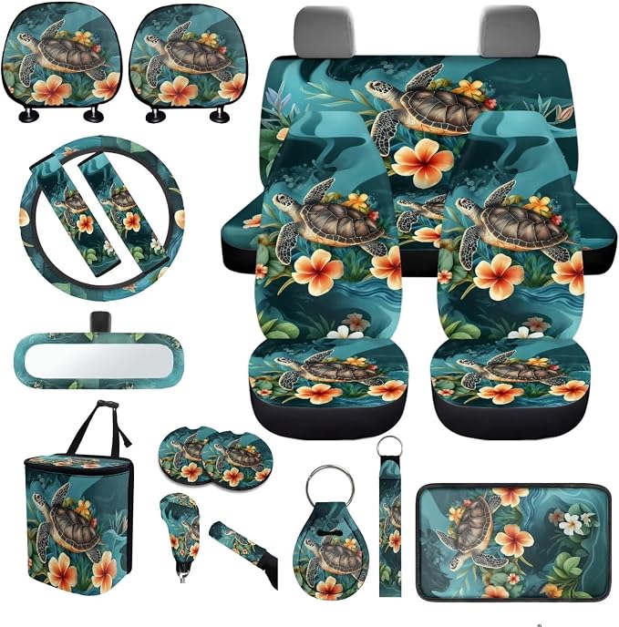 Sea Turtl Car Seat Covers Full Sets 18 Pack Universal Car Interior Accessories Sets with Sea Turtle Car Seat Belt Pads Cover Covers for Steering Wheel Car Trashcan Soft Car Headrest Covers
