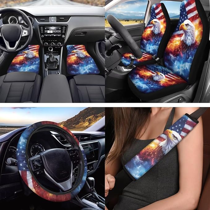 American Flag Eagle Car Seat Covers Car Floor Mats Steering Wheel Cover Armrest Pad Seat Belt Pads Roof Handle Wraps Cup Coaster Keychain Auto Accessories Set of 18 (Lightning Design)
