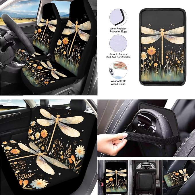 Dragonfly 13 Pcs Car Seat Cover Set, Starry Night Garden Steering Wheel Covers Seat Belt Shoulder Pads, Countryside Flower Field Polyester Front Seat Rear Cover